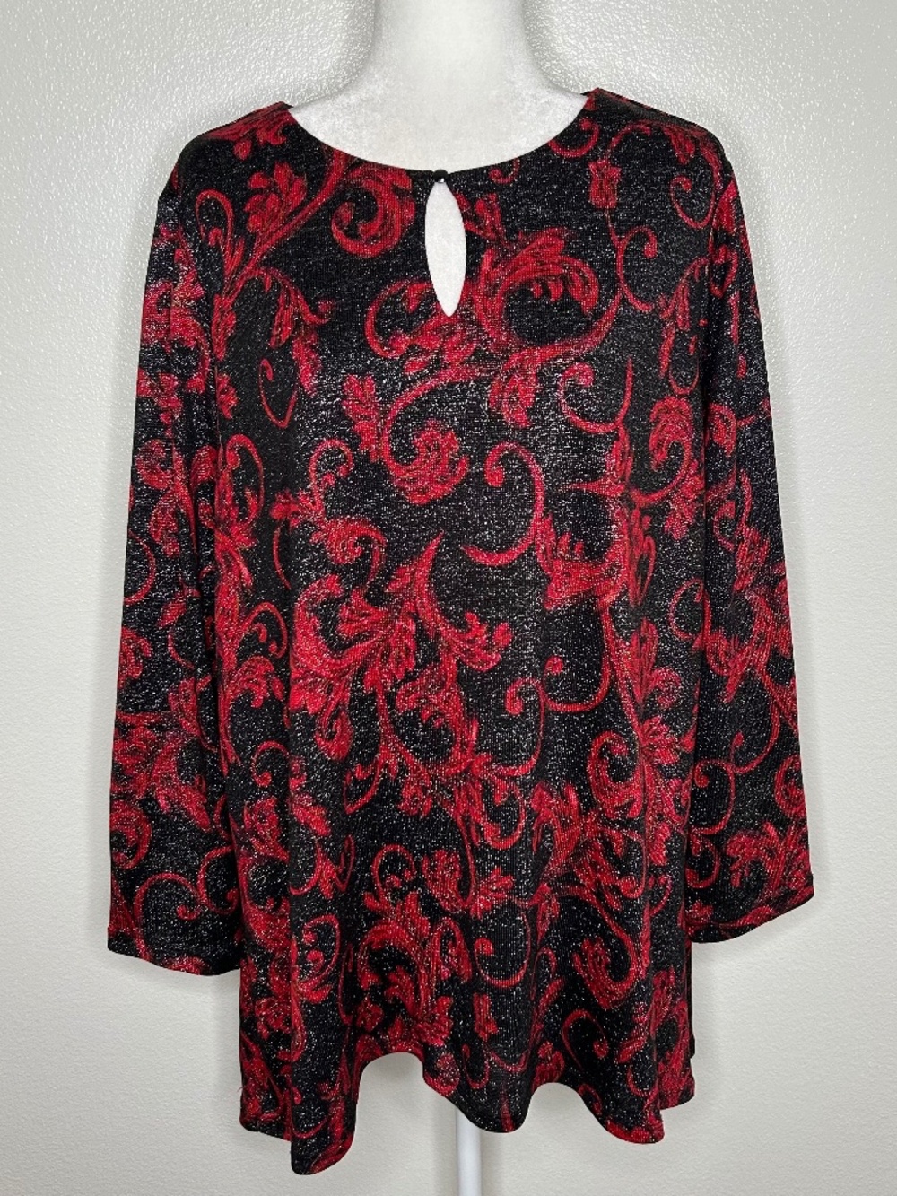 Susan Graver Womens Red Black Metallic Patterned Long Sleeve Top Blouse Size 2X